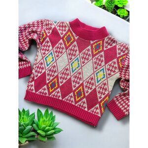 Vintage Grand Knitwear Pink Pattern Houndstooth Sweater Kids Made In USA 4/5